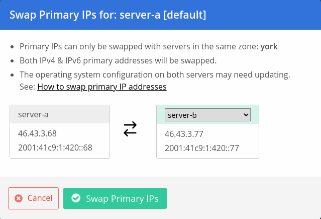 Swapping your primary IP address between Cloud Servers - Documentation |  Bytemark